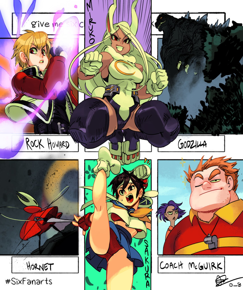 3boys 3girls alex_ahad blonde_hair boku_no_hero_academia character_name clenched_hands cloak coach_mcguirk commentary dark_skin english_commentary fatal_fury godzilla godzilla_(series) high_kick highres hollow_knight home_movies hornet_(hollow_knight) kaijuu kasugano_sakura kicking mark_of_the_wolves multiple_boys multiple_girls needle red_eyes rock_howard shoe_removed six_fanarts_challenge street_fighter street_fighter_zero_(series) thick_thighs thighhighs thighs uppercut usagiyama_rumi