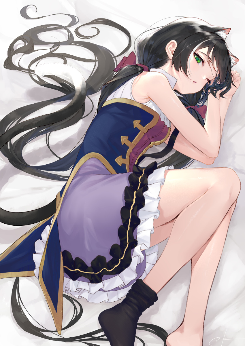 1girl ;o absurdres animal_ears bare_legs bare_shoulders bed_sheet black_hair black_legwear blush cat_ears cat_girl cat_tail dress frilled_dress frills green_eyes hair_ribbon highres huge_filesize kyaru_(princess_connect) layered_dress long_hair low_twintails lying multicolored multicolored_clothes multicolored_dress multicolored_hair on_bed on_side one_eye_closed parted_lips princess_connect! princess_connect!_re:dive purple_ribbon ribbon single_sock sleeveless sleeveless_dress socks solo streaked_hair tail takubon twintails very_long_hair waking_up white_hair