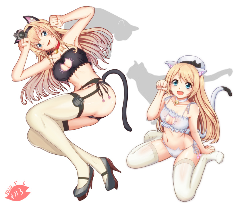 2girls alternate_costume animal_band_legwear animal_band_panties animal_cutout animal_ears artist_logo ass_visible_through_thighs bangs bell bell_choker blonde_hair blue_eyes blush bra breasts cameltoe cat cat_band_legwear cat_cutout cat_ear_panties cat_ears cat_lingerie cat_tail choker cleavage cleavage_cutout collarbone commentary_request crown dated eyebrows_visible_through_hair frilled_bra frills garter_belt garter_straps groin hat high_heels jervis_(kantai_collection) jingle_bell kantai_collection kemonomimi_mode long_hair meme_attire mini_crown mokerou multiple_girls navel open_mouth panties paw_pose paw_print sailor_hat side-tie_panties silhouette simple_background sitting smile tail thighhighs underwear underwear_only wariza warspite_(kantai_collection) white_background white_bra white_headwear white_legwear white_panties