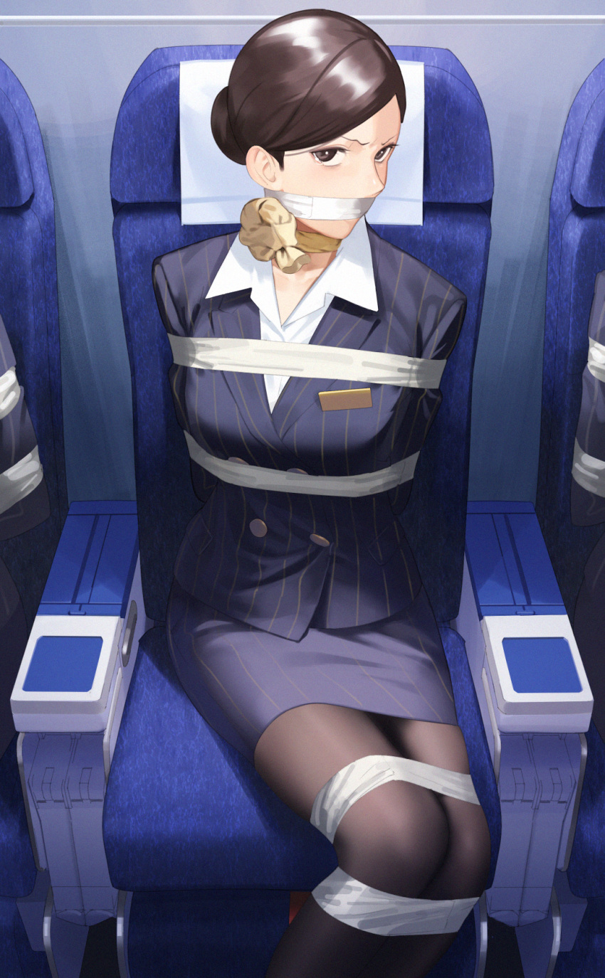 1girl amino_(tn7135) bdsm brown_eyes brown_hair chair from_above gag hair_bun highres looking_up original pantyhose pencil_skirt restrained skirt solo stewardess