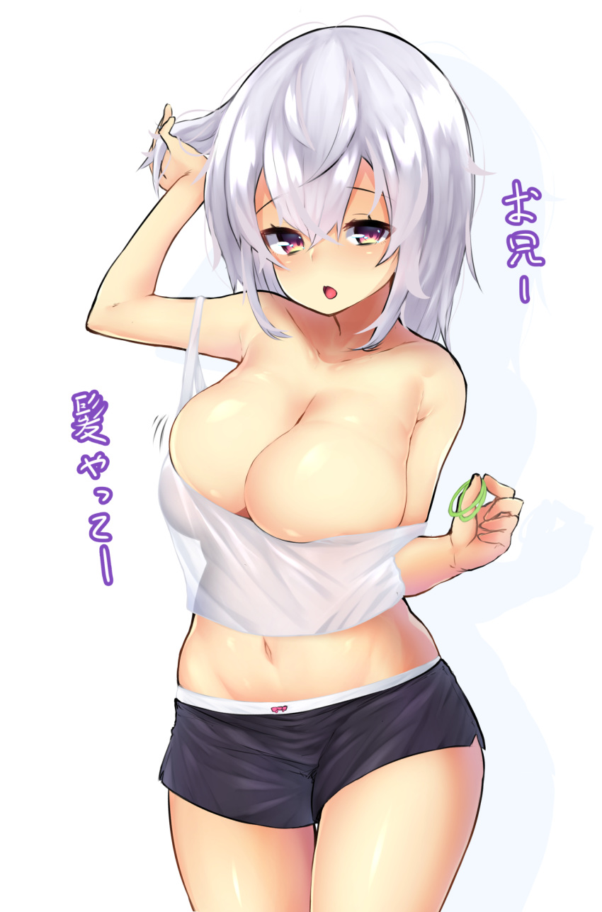 1girl breasts cleavage curvy eyebrows_visible_through_hair highres large_breasts midriff navel no_bra original shorts silver_hair solo standing tagme translation_request watari1118 yellow_eyes