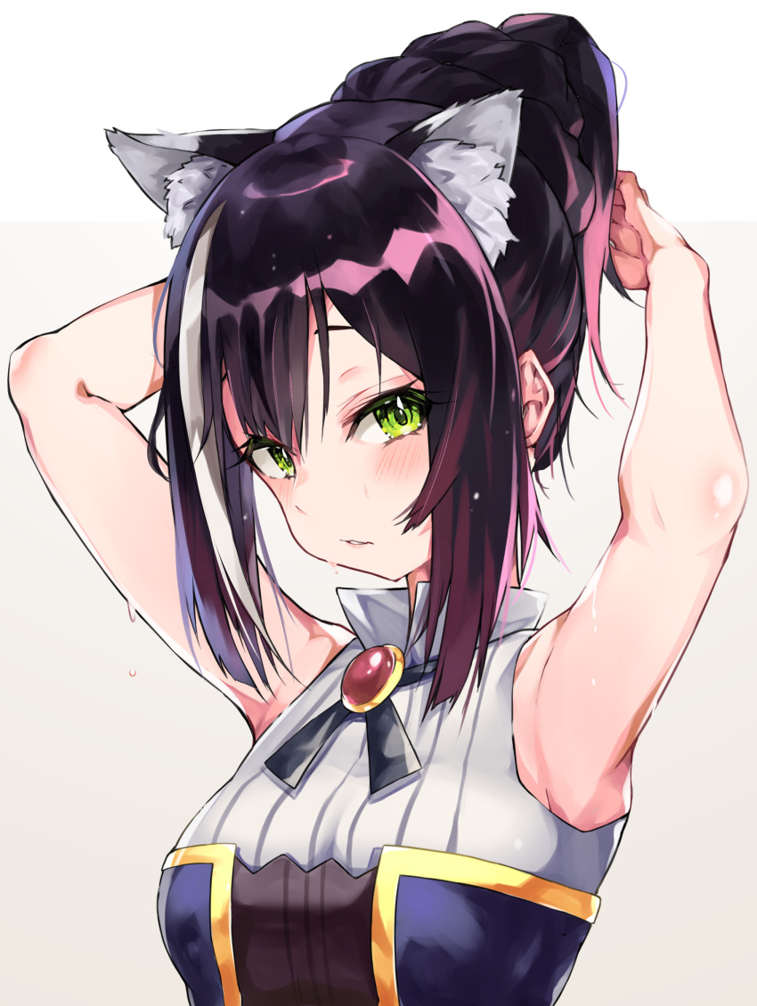 1girl absurdres adjusting_hair animal_ear_fluff animal_ears armpits arms_up black_hair blush cat_ears gradient gradient_background green_eyes grey_background highres kyaru_(princess_connect) looking_at_viewer multicolored_hair nonaturednerd ponytail princess_connect! princess_connect!_re:dive short_hair sleeveless solo streaked_hair upper_body wet wet_hair white_hair