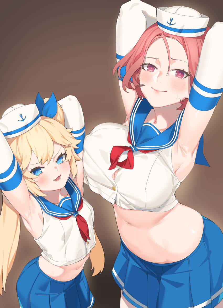 2girls absurdres arched_back armpits arms_behind_head bangs blonde_hair blue_eyes blue_sailor_collar blue_skirt blush breast_press breasts button_gap closed_mouth crop_top hair_between_eyes hat height_difference highres jam_(nandade) large_breasts last_origin long_hair miniskirt mole mole_on_armpits multiple_girls navel open_mouth pleated_skirt purple_eyes red_hair sailor_collar sailor_hat shirt short_hair skirt sleeveless sleeveless_shirt smile stomach twintails very_long_hair white_shirt