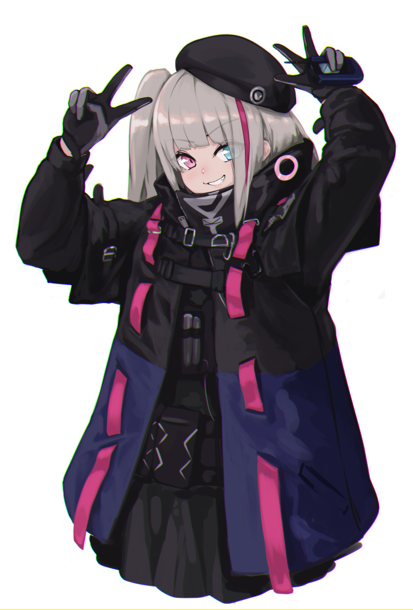 1girl absurdres arms_up beret black_headwear blue_eyes cellphone cowboy_shot eyebrows_visible_through_hair flip_phone girls_frontline gloves grey_hair grin hat heterochromia highres holding holding_phone jacket long_hair looking_at_viewer mari0ball mdr_(girls_frontline) multicolored_hair one_side_up phone pink_eyes pink_hair smile solo streaked_hair v white_background