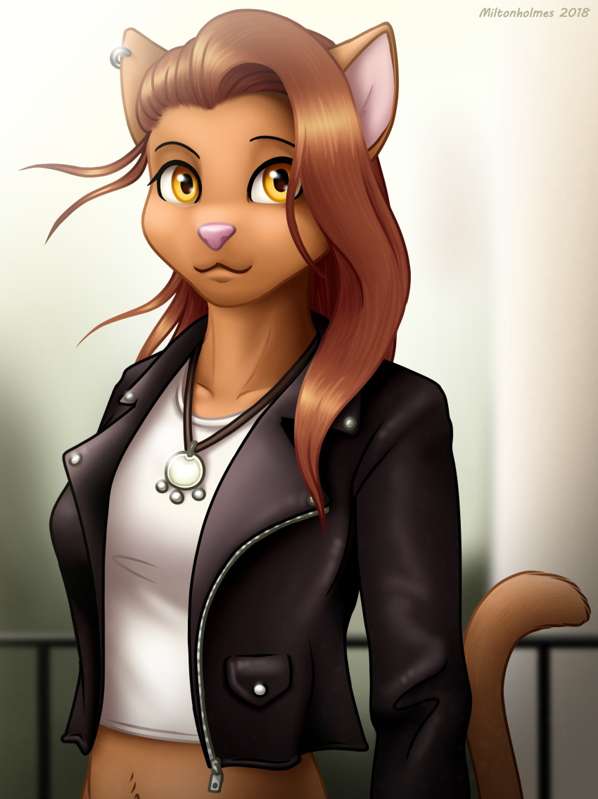 2018 :3 absurd_res anthro blurred_background breasts brown_body brown_fur brown_hair clothed clothing collarbone crop_top domestic_cat ear_piercing felid feline felis female fur hair half-length_portrait hi_res jacket jewelry leather leather_jacket long_hair mammal midriff miltonholmes necklace outside pendant piercing portrait shirt side_cut solo topwear watermark white_clothing white_shirt white_topwear yellow_eyes