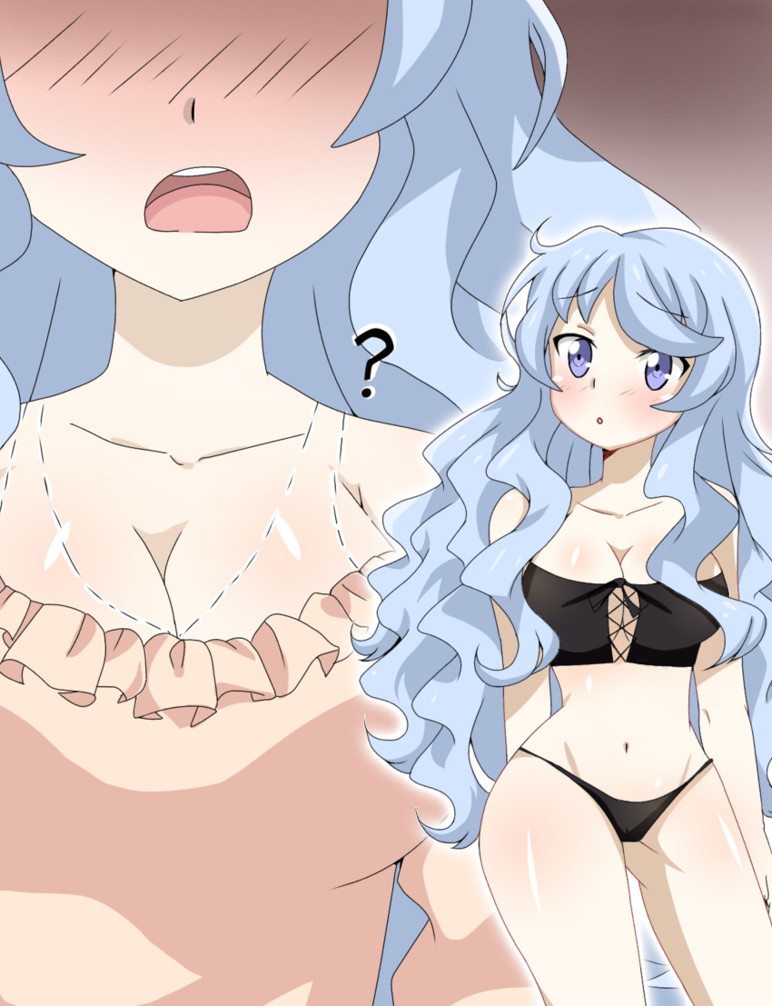 1girl :o absurdres anime_coloring artist_name beyblade beyblade:_burst blue_hair blush breasts chankyone character_name collarbone highres large_breasts legs long_hair looking_up nishiro_nya open_eyes pink_shirt purple_eyes shirt shy simple_background surprised underwear