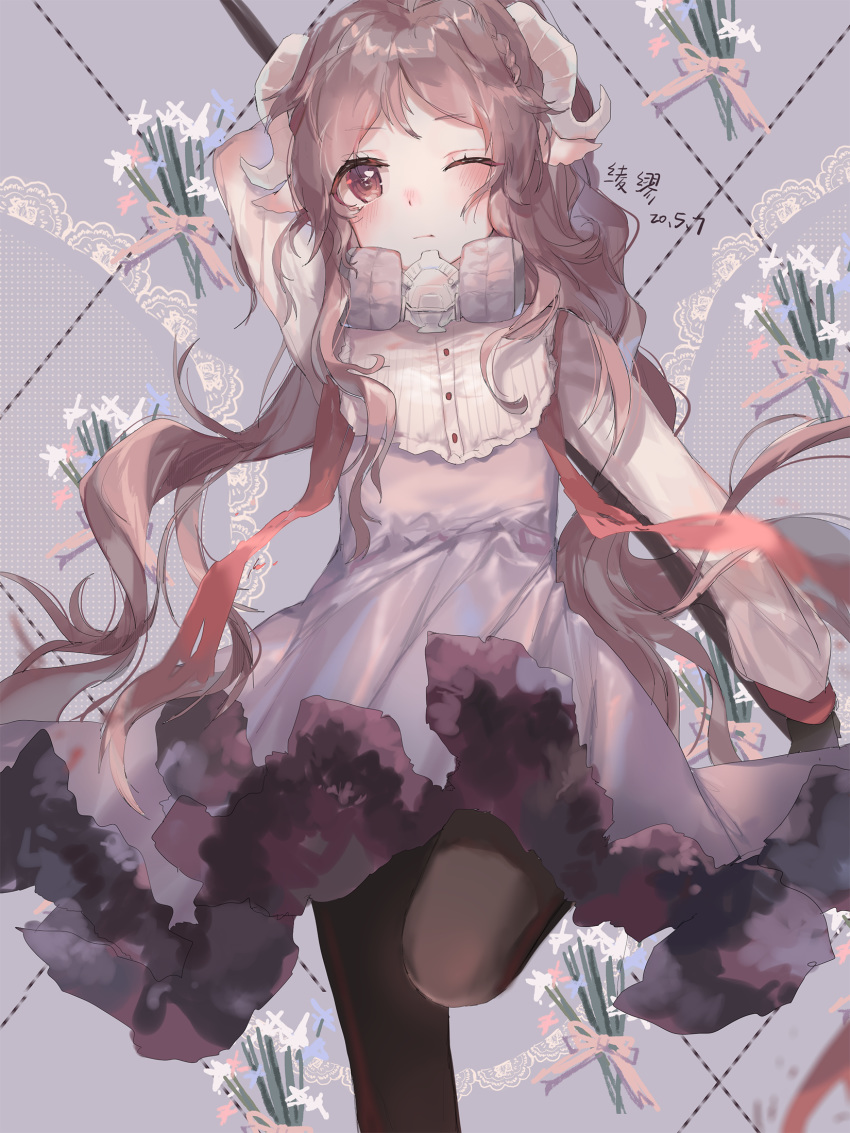 1girl animal_ears argyle argyle_background arknights arm_behind_head arm_up artist_name black_legwear bouquet cropped_legs dated expressionless eyjafjalla_(arknights) flower folded_leg foot_out_of_frame frilled_skirt frills grey_background highres holding_polearm horns lavender_dress ling_mou long_hair long_sleeves looking_at_viewer mask_around_neck one_eye_closed pantyhose petticoat purple_eyes purple_hair respirator sheep_ears sheep_horns sketch skirt solo standing standing_on_one_leg very_long_hair