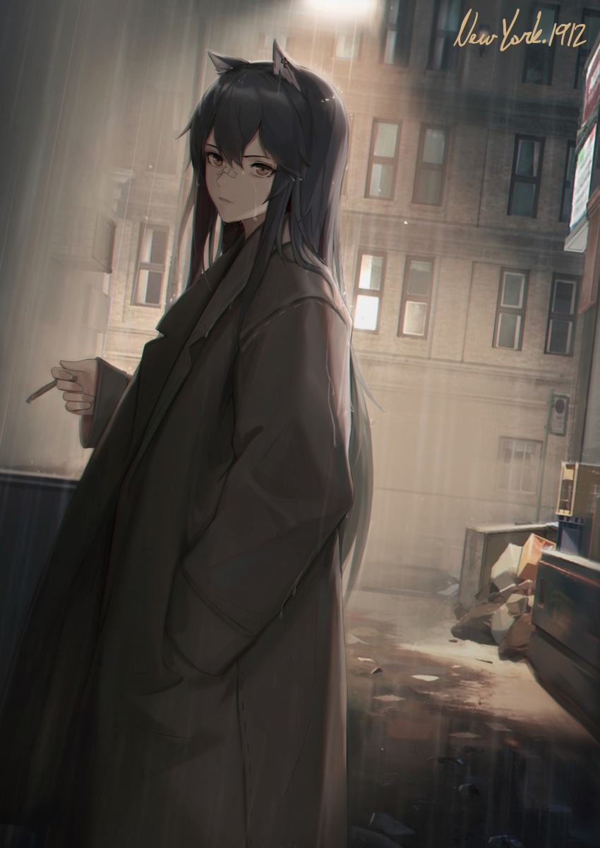 1girl absurdres animal_ears arknights bandaid bandaid_on_face bangs black_hair brown_coat brown_eyes building chinese_commentary cigarette cjmy closed_mouth coat commentary_request dated debris english_text hair_between_eyes hair_over_shoulder hand_in_pocket highres holding holding_cigarette lamppost light lips long_hair long_sleeves looking_back new_york outdoors road shadow solo street texas_(arknights)