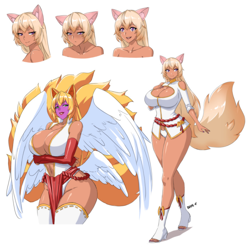 animal_humanoid big_breasts breasts canid canid_humanoid canine canine_humanoid cleavage clothed clothing devil-v feathered_wings feathers female fox_humanoid hi_res huge_breasts humanoid mammal mammal_humanoid multi_tail simple_background solo white_background wide_hips winged_humanoid wings