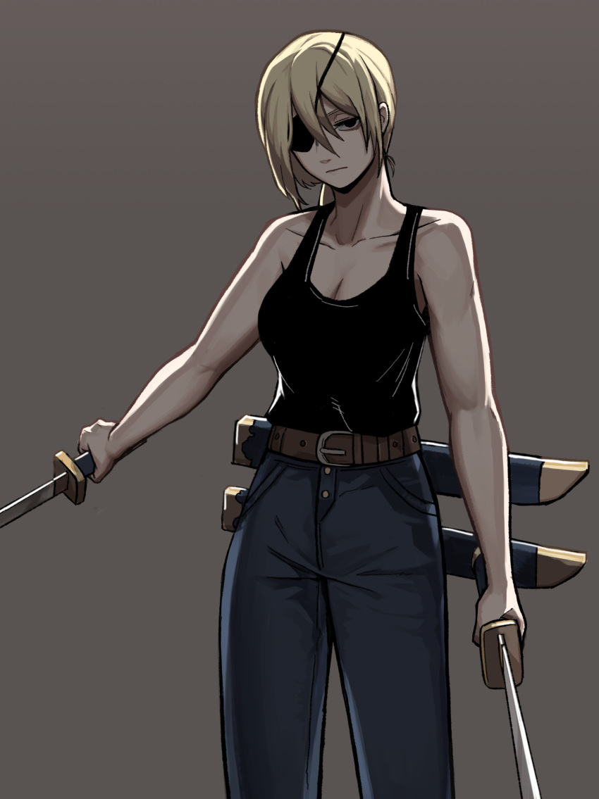 1girl absurdres bags_under_eyes belt black_eyes black_shirt blonde_hair blue_pants breasts chainsaw_man cleavage collarbone denim expressionless eyepatch grey_background hair_between_eyes highres holding holding_weapon jeans looking_at_viewer medium_breasts medium_hair pants ponytail quanxi_(chainsaw_man) shirt solo sword sword_cane tank_top weapon