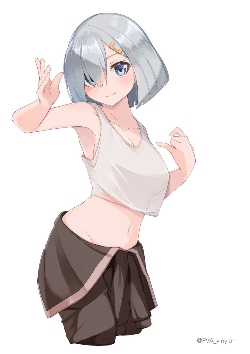 1girl absurdres alternate_costume blue_eyes blush bob_cut commentary_request cropped_legs hair_ornament hair_over_one_eye hamakaze_(kantai_collection) highres kantai_collection looking_at_viewer midriff navel short_hair silver_hair simple_background smile solo twitter_username uut white_background
