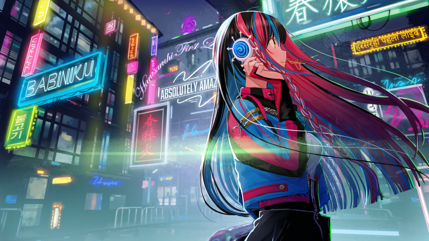 1girl black_hair blue_hair blue_jacket braid closed_mouth from_side harusaruhi highres jacket kamitsubaki_studio kazuharu_kina long_sleeves looking_at_viewer multicolored_hair night open_clothes open_jacket outdoors pink_hair profile shirt smile virtual_youtuber white_shirt