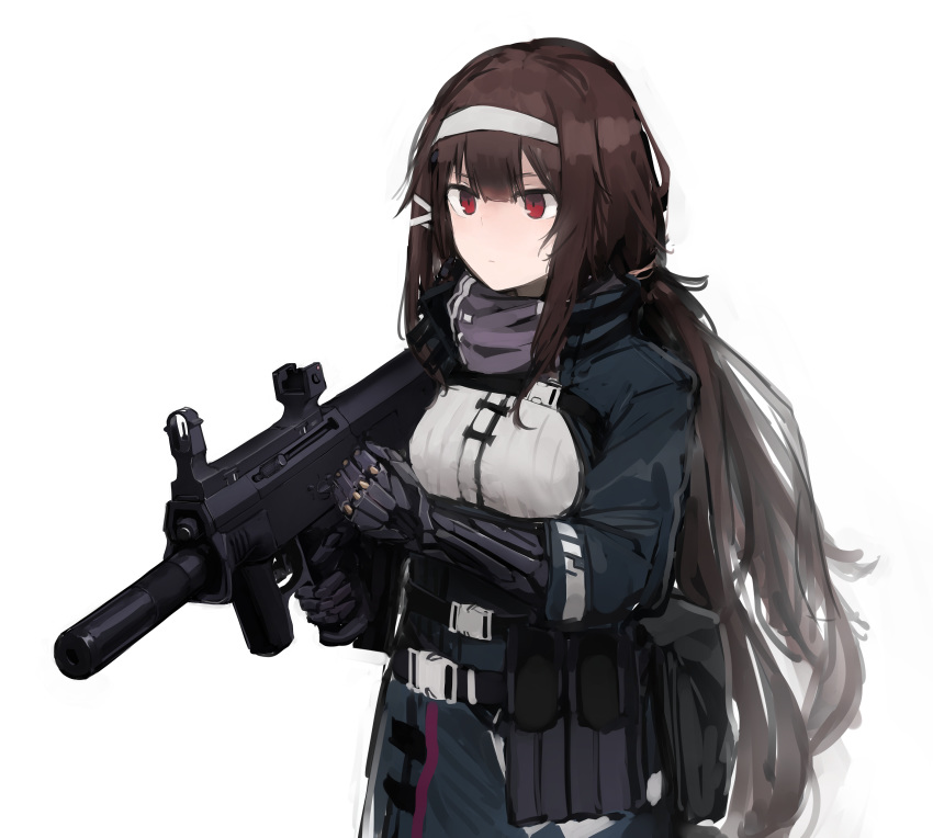 absurdres arm_up assault_rifle bangs belt belt_buckle breasts brown_hair buckle bullpup character_request girls_frontline grey_hairband grey_scarf gun hair_ornament hairband highres holding holding_gun holding_weapon long_hair looking_to_the_side mechanical mechanical_arms rampart1028 red_eyes rifle scarf sidelocks simple_background suppressor trigger_discipline upper_body very_long_hair weapon white_background