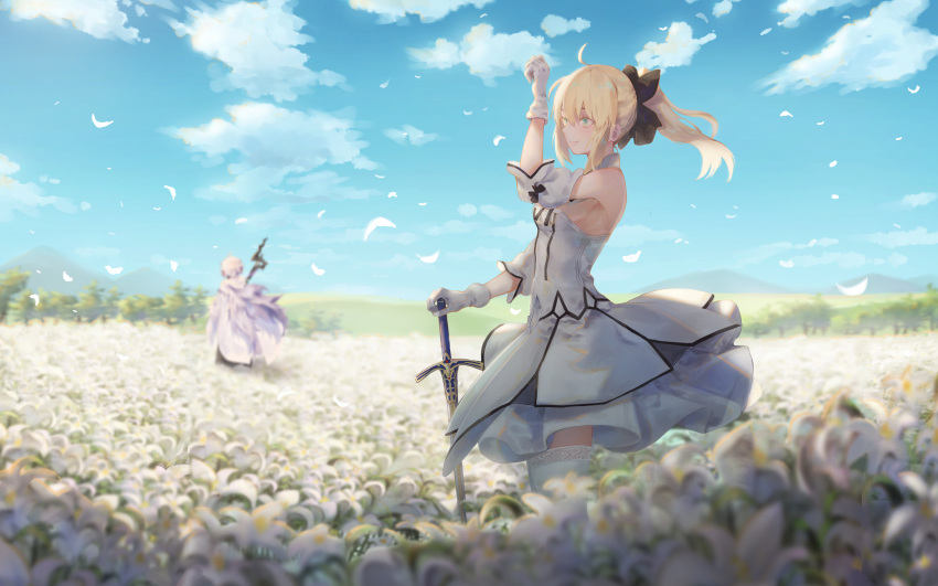 dress fate/grand_order merlin_(fate/stay_night) pigonhae saber saber_lily sword thighhighs