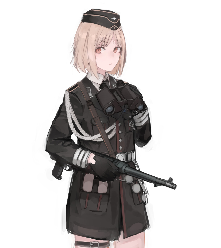 1girl absurdres bangs binoculars black_clothes black_gloves black_jacket black_neckwear blonde_hair blush brown_eyes closed_mouth collar collared_shirt cross dated_commentary eyebrows_visible_through_hair girls_frontline gloves gun hat highres holding holding_binoculars holding_gun holding_weapon jacket long_sleeves looking_at_viewer military military_hat military_uniform mp40 mp40_(girls_frontline) necktie neckwear pocket rampart1028 shirt short_hair simple_background solo standing strap submachine_gun thigh_strap uniform weapon wehrmacht white_background