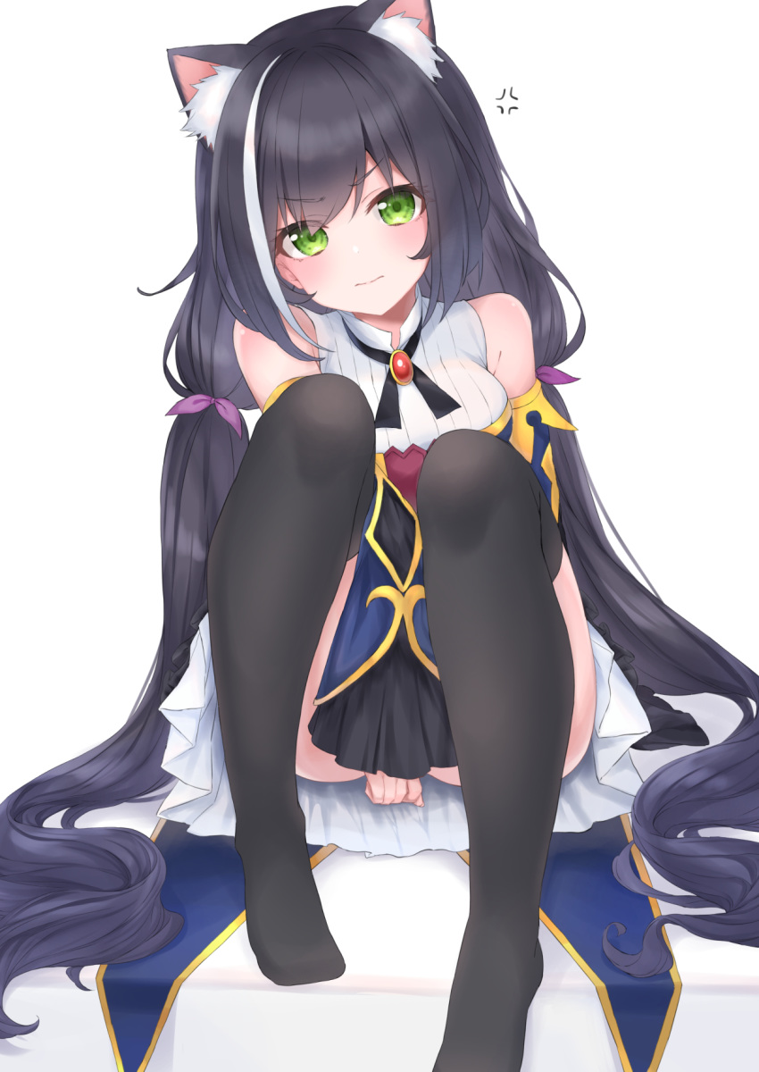 1girl 3: anger_vein animal_ear_fluff animal_ears bangs bare_shoulders black_hair black_legwear blush cat_ears cat_girl closed_mouth commentary_request covering covering_crotch detached_sleeves eyebrows_visible_through_hair frilled_sleeves frills green_eyes hair_ribbon hashiko_nowoto highres knees_up kyaru_(princess_connect) long_hair long_sleeves looking_at_viewer low_twintails multicolored multicolored_clothes multicolored_hair princess_connect! princess_connect!_re:dive purple_ribbon ribbon short_twintails simple_background sitting solo streaked_hair thighhighs twintails very_long_hair white_background white_hair