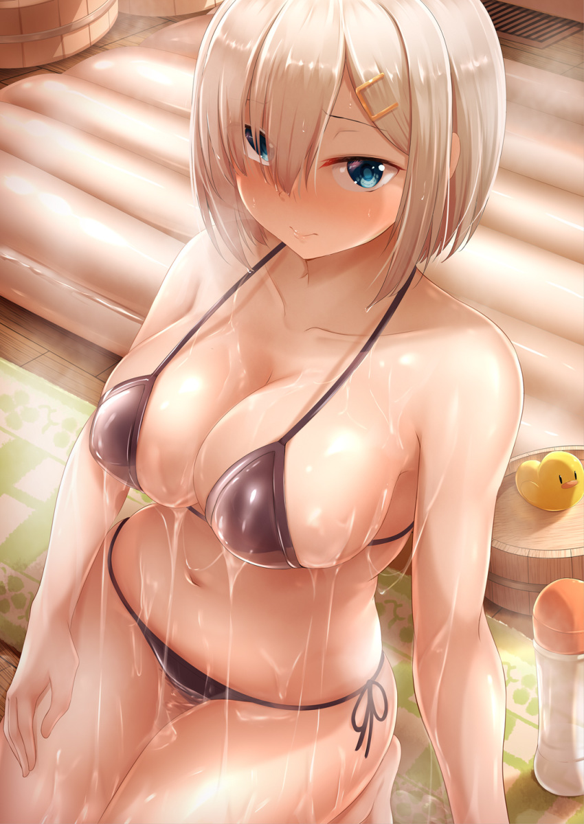 1girl air_mattress alternate_costume bangs bare_arms bare_legs bare_shoulders bathroom bikini black_bikini blue_eyes blush bottle breasts cleavage closed_mouth collarbone commentary_request eyebrows_visible_through_hair eyes_visible_through_hair hair_ornament hair_over_one_eye hairclip halterneck hamakaze_(kantai_collection) highres indoors kantai_collection large_breasts looking_at_viewer lotion lotion_bottle lube navel nicoby rubber_duck seiza short_hair side-tie_bikini silver_hair sitting soapland solo steam string_bikini suggestive_fluid swimsuit wet wet_hair