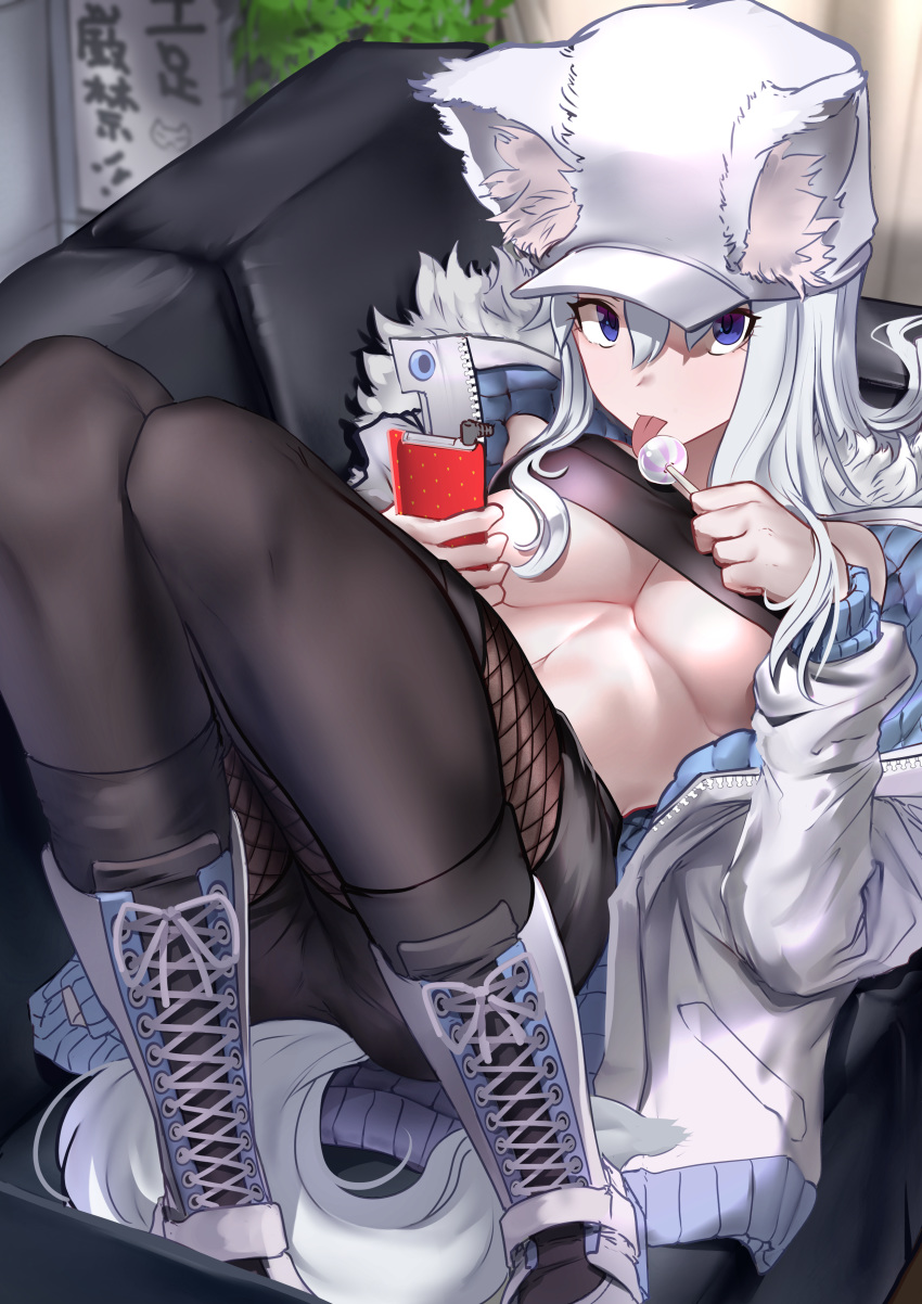 1girl absurdres animal_ears bandeau bare_shoulders black_legwear black_shorts blue_eyes boots breasts cabbie_hat candy couch cross-laced_footwear ears_through_headwear food fur_trim hat highres holding jacket knees_up large_breasts lollipop long_hair looking_at_viewer lying midriff nakasaku-p on_back on_couch open_clothes open_jacket original pantyhose phone short_shorts shorts solo tail tongue tongue_out underboob white_hair white_headwear white_jacket wolf_ears wolf_girl wolf_tail