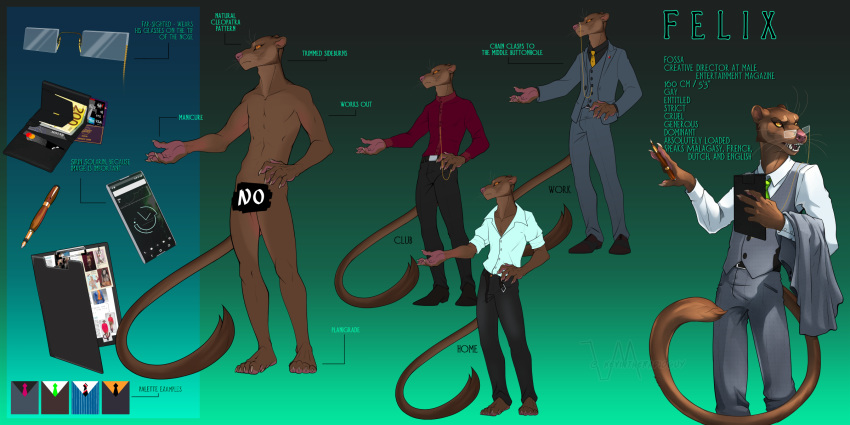 2020 5_fingers 5_toes anthro barefoot biped brown_body brown_fur censored claws clothed clothing digital_media_(artwork) english_text euplerid eyewear feet felix_(kevintheradioguy) fingers fossa fur glasses hi_res invalid_tag kevintheradioguy male mammal model_sheet nude open_mouth orange_eyes pawpads pink_nose pink_pawpads simple_background solo standing suit tan_body tan_fur teeth text toes tongue whiskers yellow_eyes