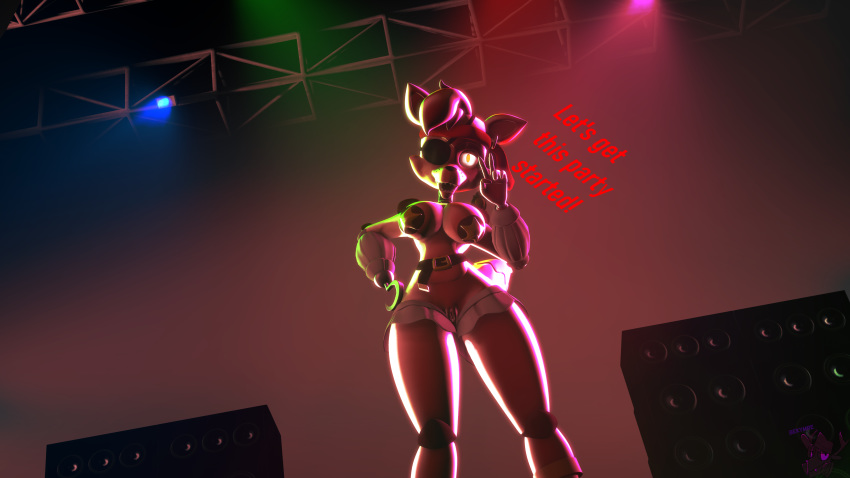 2020 3d_(artwork) 4k absurd_res animatronic anthro bekymre_(artist) belt big_breasts bodily_fluids breasts canid canine clothing concert crossgender digital_media_(artwork) ear_piercing ear_ring eye_patch eyewear female five_nights_at_freddy's fox freddy_fazbear's_pizzeria_simulator genital_fluids genitals hair hi_res hook_hand lights looking_at_viewer machine mammal mostly_nude nipples open_mouth pasties peace_symbol piercing pirate pussy pussy_juice robot rockstar_foxy_(fnaf) solo source_filmmaker speaker stage stage_lights text video_games watermark