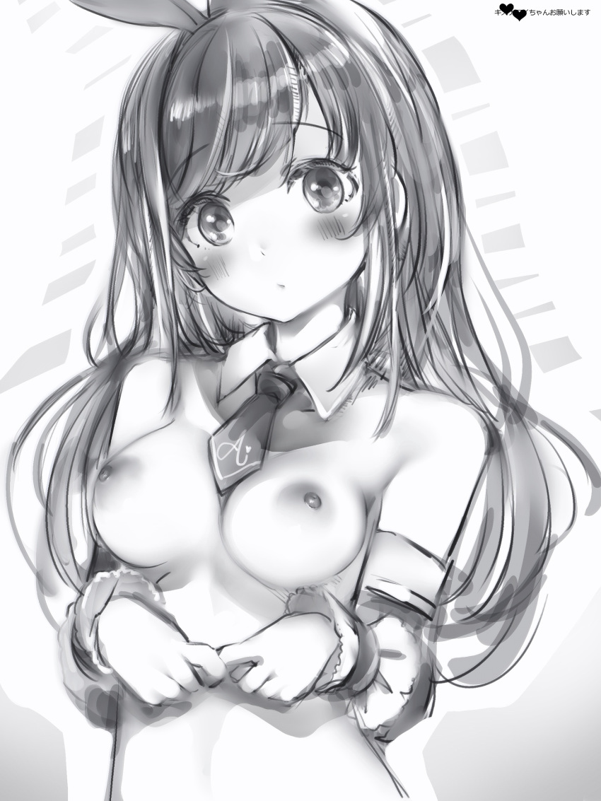 1girl a.i._channel blush bow breasts closed_mouth detached_collar detached_sleeves eyebrows_visible_through_hair greyscale hair_bow hairband head_tilt highres kizuna_ai long_hair long_sleeves looking_at_viewer medium_breasts mini_necktie monochrome nanashi_(nlo74593630) nipples own_hands_together solo upper_body wing_collar