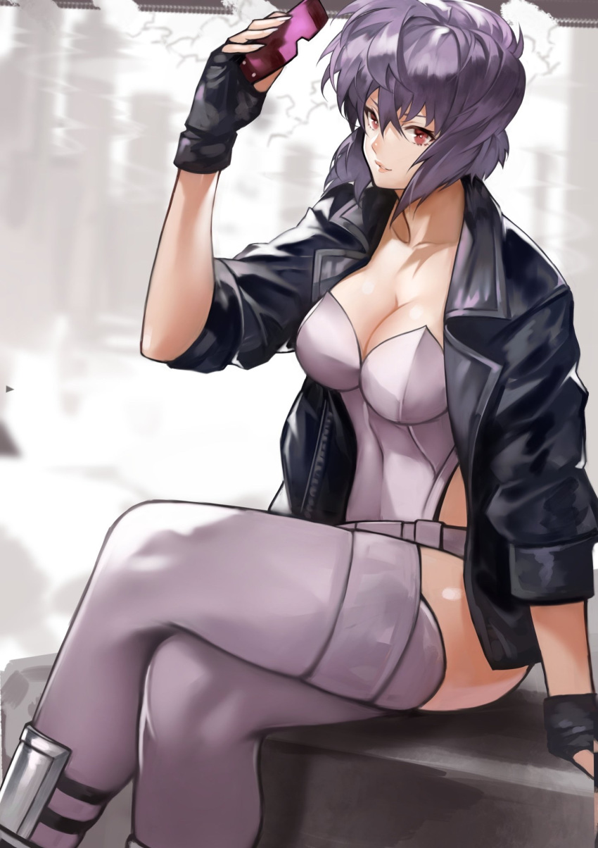 1girl 55level bangs belt black_gloves black_jacket breasts cleavage collarbone crossed_legs fingerless_gloves ghost_in_the_shell ghost_in_the_shell_stand_alone_complex gloves goggles goggles_removed hair_between_eyes highleg highleg_leotard highres jacket kusanagi_motoko large_breasts leotard open_clothes open_jacket parted_lips purple_hair red_eyes short_hair sitting smile solo strapless strapless_leotard thighhighs thighs white_legwear