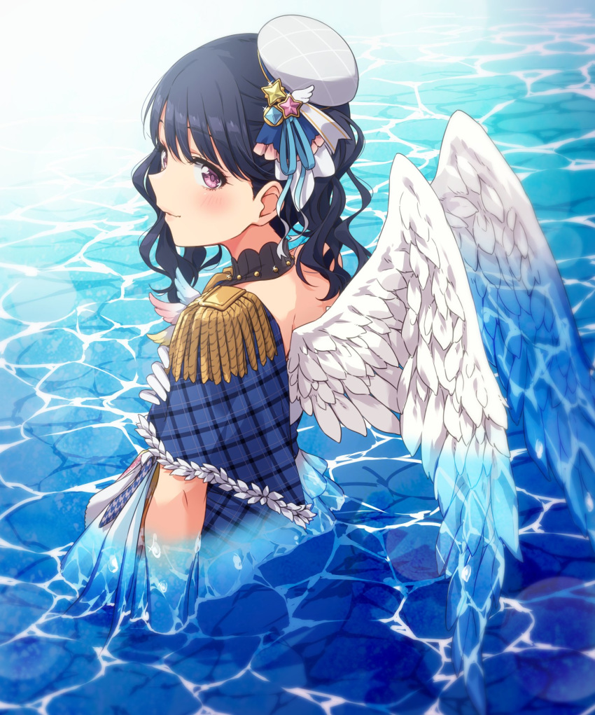 1girl angel_wings bangs black_choker blue_dress blush choker commentary dress epaulettes feathered_wings from_behind from_side fukumaru_koito gloves hat highres idolmaster idolmaster_shiny_colors lens_flare looking_at_viewer looking_back nagami_tami partially_submerged purple_eyes smile solo water white_gloves white_headwear wings