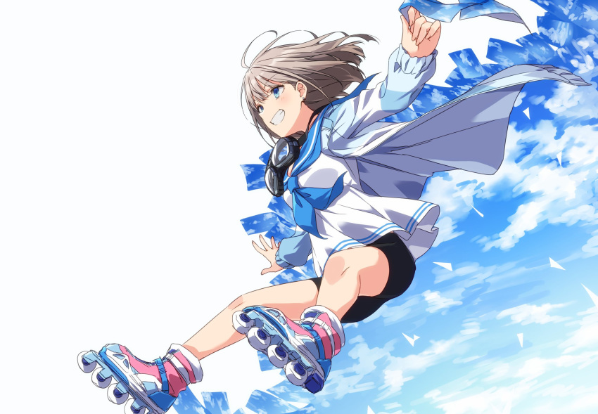 1girl bangs bike_shorts black_shorts blue_eyes blue_jacket blue_neckwear blue_sky blush commentary earrings from_side full_body goggles goggles_around_neck grin highres holding idolmaster idolmaster_shiny_colors jacket jewelry jumping light_brown_hair long_sleeves nagami_tami neckerchief roller_skates sailor_collar sailor_shirt serizawa_asahi shirt short_hair shorts skates sky smile solo white_background white_shirt