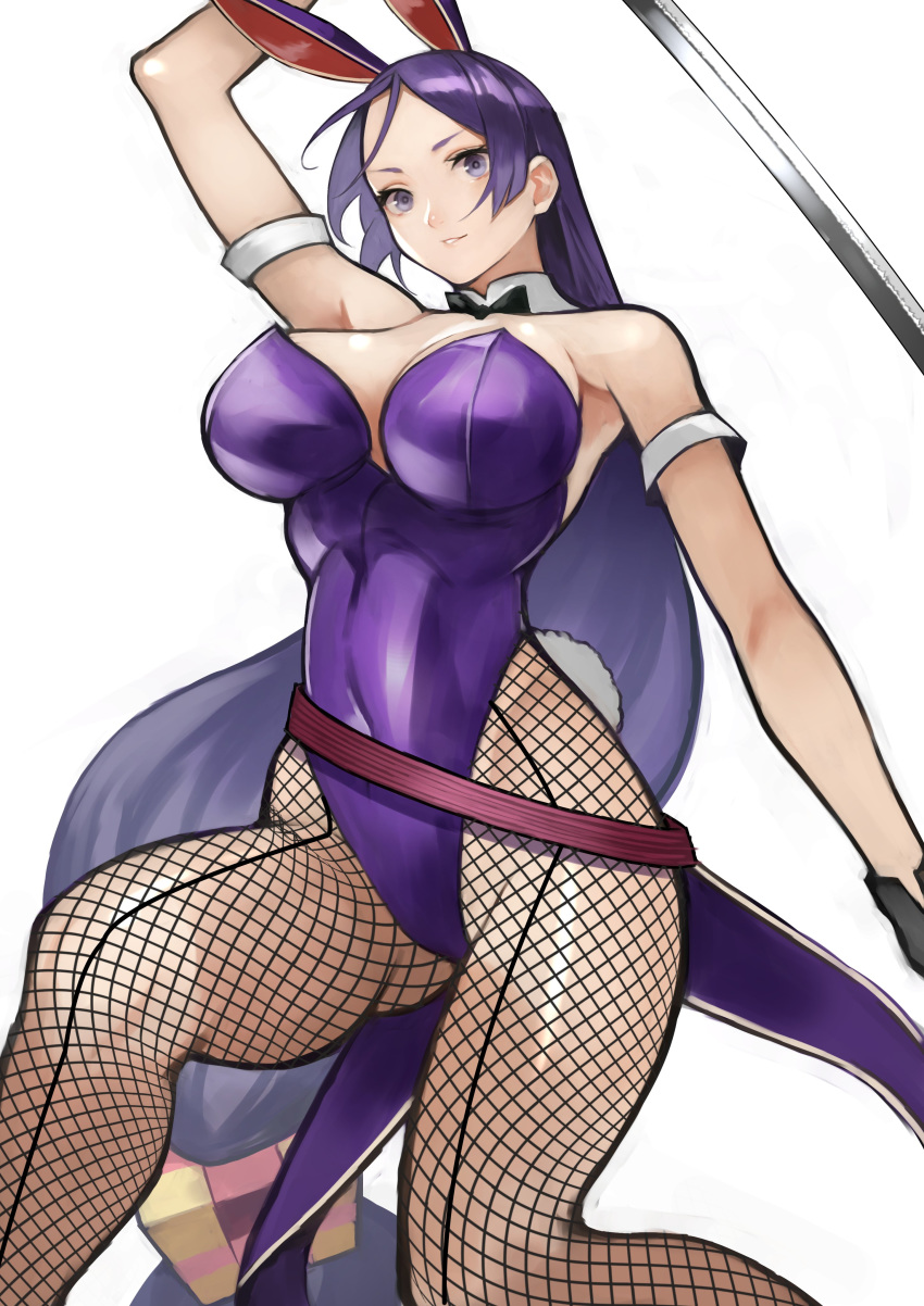 1girl 55level absurdres animal_ears arm_up ass bangs bare_shoulders belt breasts bunny_ears bunny_tail bunnysuit detached_collar fate/grand_order fate_(series) fishnet_legwear fishnets highleg highleg_leotard highres holding holding_sword holding_weapon katana large_breasts leotard long_hair looking_at_viewer low-tied_long_hair minamoto_no_raikou_(fate/grand_order) parted_bangs parted_lips purple_eyes purple_hair purple_leotard shiny shiny_clothes shiny_hair shiny_skin simple_background smile solo strapless strapless_leotard sword tail thighs very_long_hair weapon white_background