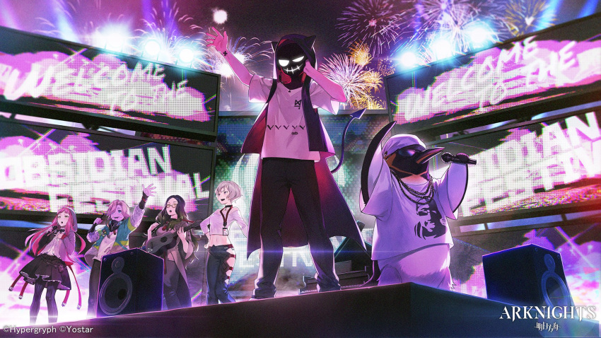 5girls aerial_fireworks alty_(arknights) animal arknights arm_up aya_(arknights) backlighting bandana bird black_skirt choker commentary crop_top d.d.d._(arknights) demon_tail emperor_penguin fireworks frost_(arknights) glasses grand_piano hand_on_own_chest highres holding hood hooded_jacket hoodie hoodie_vest instrument jacket lanyard long_hair mask mask_around_neck microphone midriff multiple_girls music nagu navel night off-shoulder_shirt off_shoulder official_art open_clothes open_jacket open_mouth pants pantyhose penguin piano shirt short_hair side_cutout singing skirt speaker stage stage_lights sunglasses tail the_emperor_(arknights) tupac_shakur vest watermark white_shirt