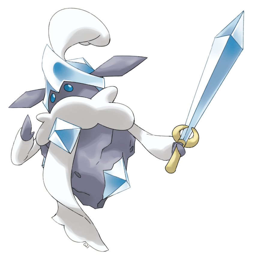 blue_eyes carbink commentary creature english_commentary full_body gen_6_pokemon highres holding holding_sword holding_weapon looking_at_viewer mega_pokemon mega_pokemon_(other) no_humans pinkgermy pokemon pokemon_(creature) simple_background solo sword weapon white_background