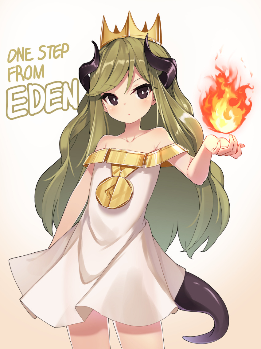 1girl bangs bare_shoulders black_eyes character_request collarbone commentary_request crop_top curled_horns darnell dragon_girl dragon_horns dragon_tail dress eyebrows_visible_through_hair fire green_hair highres horns korean_commentary long_hair off-shoulder_dress off_shoulder one_step_from_eden parted_bangs solo tail very_long_hair white_dress