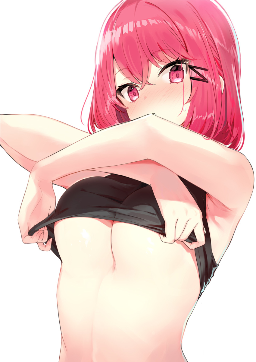 1girl ariaria_(netsuki) armpits arms_up bare_arms bare_shoulders black_shirt blush breasts cleavage closed_mouth crop_top hair_ornament hairclip highres looking_at_viewer medium_breasts midriff miruto_netsuki no_bra nose_blush original pink_eyes pink_hair shirt shirt_lift short_hair simple_background sleeveless sleeveless_shirt solo stomach sweatdrop undressing upper_body white_background
