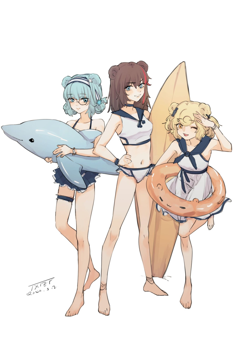 3girls ;d animal_ears arknights arm_up bangs bare_arms bare_legs bare_shoulders barefoot bear_ears bikini bikini_skirt blonde_hair blue_eyes blue_hair blue_sailor_collar blue_skirt breasts brown_hair chinese_commentary commentary_request dated dress eyebrows_visible_through_hair full_body grin gummy_(arknights) hairband hand_on_hip highres holding inflatable_dolphin inflatable_toy innertube istina_(arknights) looking_at_viewer medium_breasts monocle multicolored_hair multiple_girls navel no_hat no_headwear one_eye_closed open_mouth red_eyes sailor_collar short_hair simple_background skirt sleeveless sleeveless_dress smile standing standing_on_one_leg stomach streaked_hair surfboard swimsuit thigh_strap thighs white_background white_bikini white_dress ya_kexi yellow_eyes zima_(arknights)