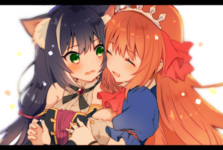 2girls :d ^_^ animal_ear_fluff animal_ears black_hair breasts cat_ears cleavage closed_eyes commentary_request eyebrows_visible_through_hair gloves green_eyes hair_ribbon kyaru_(princess_connect) letterboxed long_hair looking_at_another low_twintails medium_breasts multicolored_hair multiple_girls open_mouth orange_hair pecorine pirorr princess_connect! princess_connect!_re:dive puffy_short_sleeves puffy_sleeves red_ribbon ribbon short_sleeves simple_background smile streaked_hair tiara twintails upper_body wavy_mouth white_background white_gloves white_hair