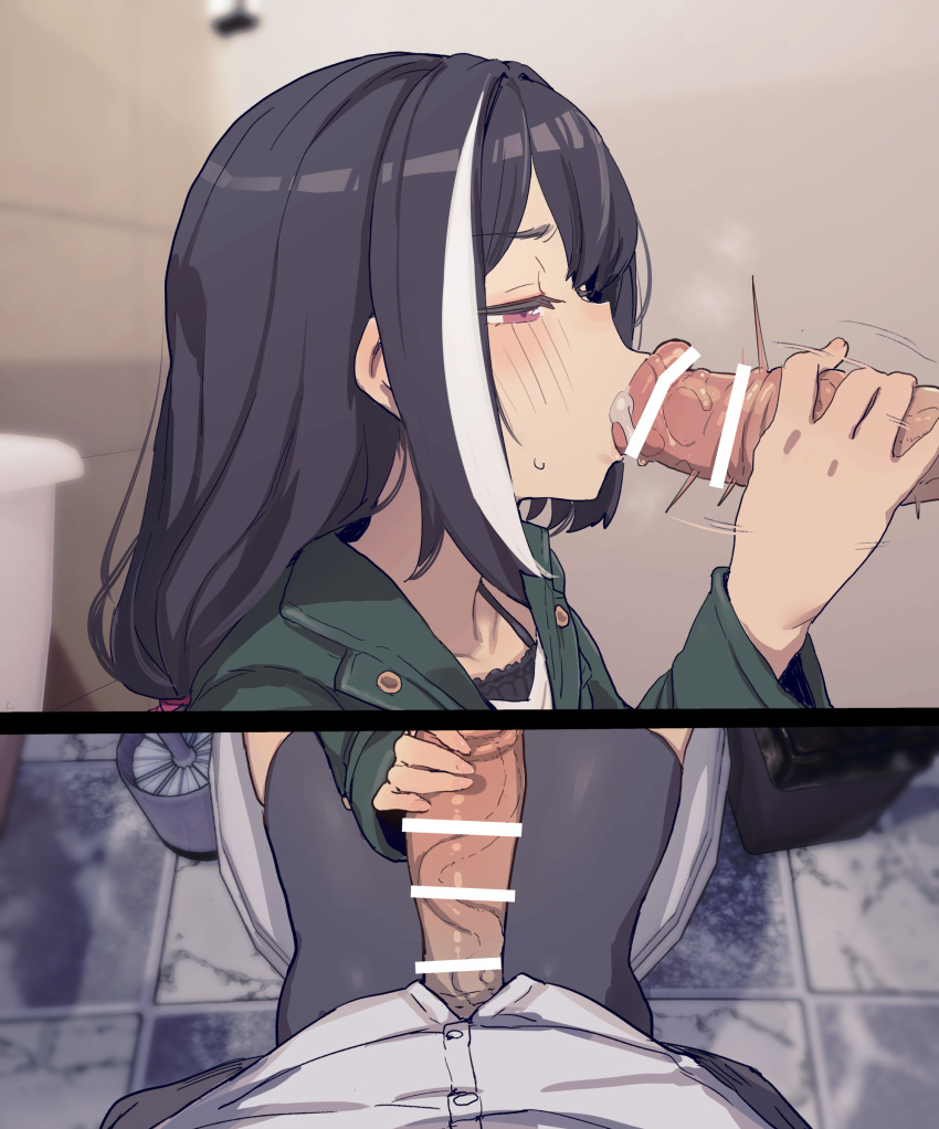 1boy 1girl absurdres bar_censor bee_(deadflow) black_hair black_legwear censored cum cum_in_mouth fellatio green_jacket half-closed_eyes hetero highres jacket kyaru_(princess_connect) long_hair long_sleeves multicolored_hair open_mouth oral penis penis_grab princess_connect! princess_connect!_re:dive purple_eyes sitting solo_focus streaked_hair thighhighs toilet tongue tongue_out two-tone_hair veins veiny_penis white_hair