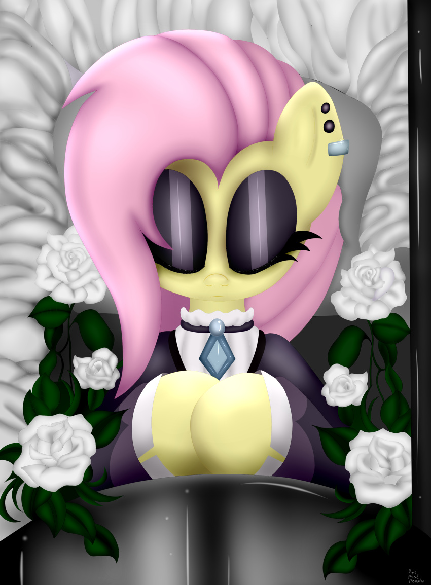 absurd_res choker clothed clothing coffin death ear_piercing ear_ring equid equine eyes_closed eyeshadow female flower fluttershy_(mlp) friendship_is_magic goth hair hi_res horse jewelry makeup mammal my_little_pony necklace paulpeopless piercing pink_hair plant pony solo yellow_body