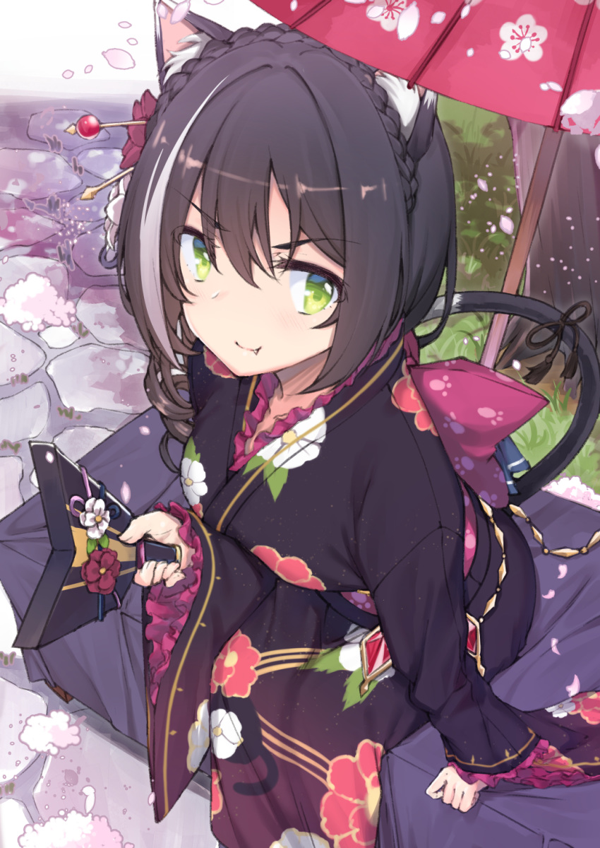 &gt;:) 1girl alternate_costume alternate_hairstyle animal_ear_fluff animal_ears black_hair black_kimono braid cat_ears cat_girl cat_tail crown_braid drill_hair eyebrows_visible_through_hair fang fang_out flower frilled_kimono frilled_sleeves frills from_above green_eyes hair_between_eyes hair_flower hair_ornament hair_stick highres japanese_clothes kaname_(melaninusa09) kimono kyaru_(princess_connect) leaning_forward long_sleeves multicolored_hair new_year obi oriental_umbrella outdoors paddle princess_connect! princess_connect!_re:dive ribbon sash side_drill sitting solo streaked_hair tail tail_ribbon umbrella wide_sleeves yukata