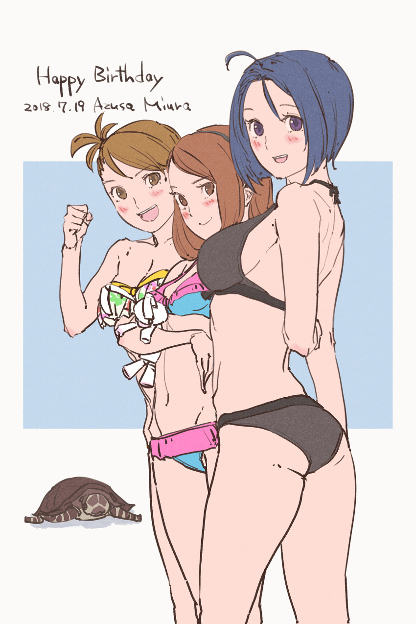 beauty_swimsuit_(idolmaster) bikini blush breasts brown_hair character_request closed_mouth futami_ami highres idolmaster idolmaster_(classic) idolmaster_2 long_hair looking_at_viewer minase_iori miura_azusa multiple_girls navel ooe_yamaken open_mouth short_hair smile standing swimsuit turtle