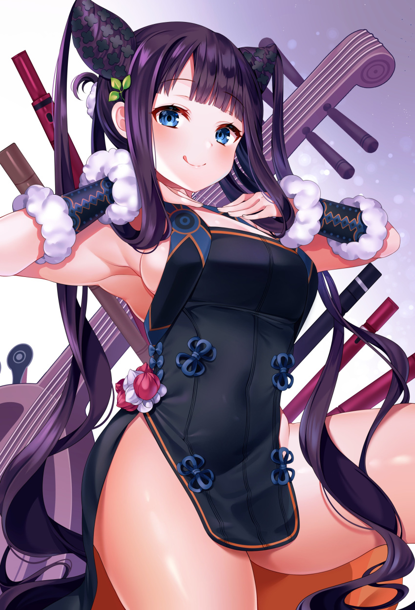 1girl absurdres armpits arms_up bangs bare_shoulders black_dress blue_eyes blunt_bangs blush breasts china_dress chinese_clothes cleavage closed_mouth detached_sleeves dress fate/grand_order fate_(series) flute gradient gradient_background hair_ornament hands_on_own_chest hands_up highres instrument large_breasts leaf_hair_ornament licking_lips long_hair looking_at_viewer pelvic_curtain pipa_(instrument) purple_background purple_hair reel37891 side_slit sidelocks smile solo thighs tongue tongue_out twintails very_long_hair yang_guifei_(fate/grand_order)