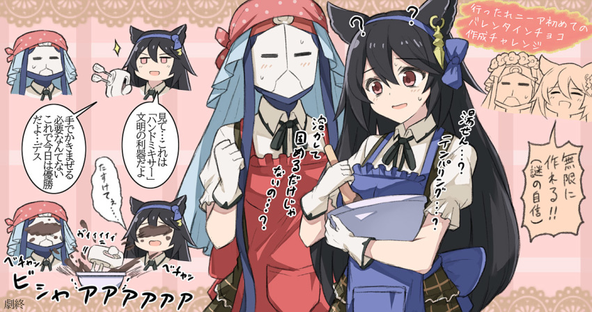 alternate_costume apron arao black_hair blouse chocolate cooking death_(granblue_fantasy) erune gloves granblue_fantasy hair_between_eyes hairband long_hair mixer_(cooking) mixing_bowl nier_(granblue_fantasy) red_eyes skirt sparkle sweatdrop translation_request