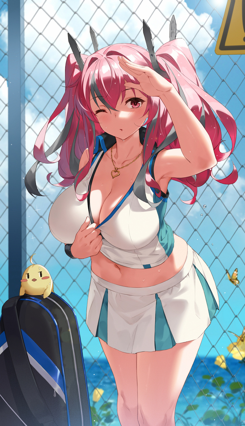 1girl azur_lane bangs bare_shoulders bird blurry blurry_background blush breasts bremerton_(azur_lane) bremerton_(scorching-hot_training)_(azur_lane) bug butterfly chain-link_fence chick cleavage collarbone crop_top crop_top_overhang fence hand_up heart heart_necklace highres insect large_breasts long_hair looking_at_viewer manjuu_(azur_lane) navel ocean one_eye_closed open_mouth pink_eyes pink_hair solo sportswear sweat tennis_uniform thighs twintails two-tone_shirt two-tone_skirt yijian_ma