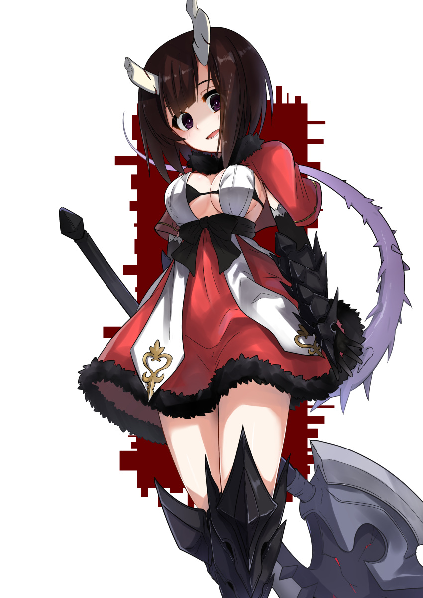 +_+ 1girl absurdres axe breasts broken_horn brown_hair capelet fur-trimmed_capelet fur-trimmed_skirt fur_trim gloves highres horns kagari3 kuraishi_eriko large_breasts princess_connect! princess_connect!_re:dive purple_eyes red_capelet short_hair skirt solo spiked_tail tail thighhighs weapon