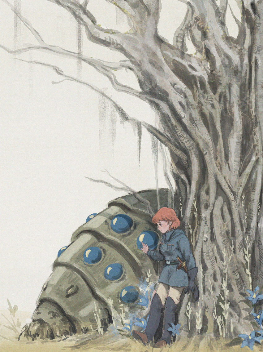 1girl arm_at_side bare_tree belt black_footwear black_gloves blue_coat blue_flower blush boots brown_hair coat creature earrings flower gloves gloves_removed gori_matsu grass grey_background hand_rest highres jewelry kaze_no_tani_no_nausicaa knee_boots leaning leaning_on_object light_smile looking_down nature nausicaa outdoors plant profile short_hair simple_background solo standing tree wide_shot