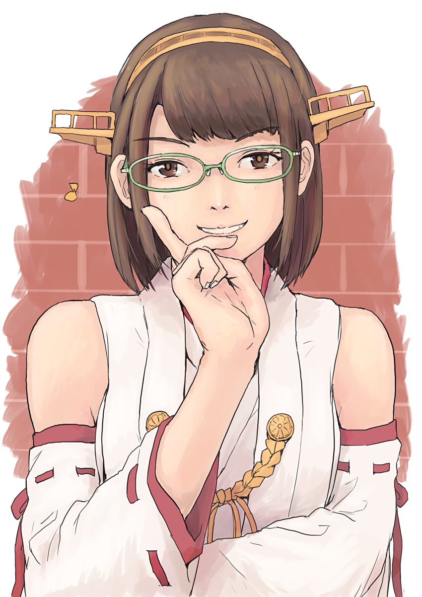 1girl brick_wall brown_eyes brown_hair commentary_request detached_sleeves glasses green-framed_eyewear hairband headgear highres japanese_clothes kantai_collection kirishima_(kantai_collection) looking_at_viewer realistic ribbon-trimmed_sleeves ribbon_trim short_hair solo vent_arbre