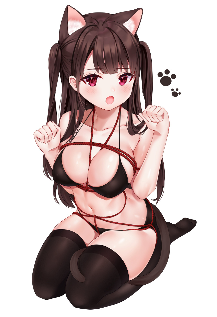 1girl :o absurdres animal_ear_fluff animal_ears bare_arms bare_shoulders bdsm bikini black_bikini black_legwear blush bondage bound breasts brown_hair cat_ears cat_girl cat_tail cleavage collarbone covered_nipples extra_ears eyebrows_visible_through_hair fang full_body halter_top halterneck hands_up highres large_breasts long_hair looking_at_viewer navel no_shoes open_mouth original paw_pose red_eyes reel37891 restrained rope seiza shibari sidelocks simple_background sitting skindentation solo stomach string_bikini swimsuit tail thighhighs thighs two_side_up white_background
