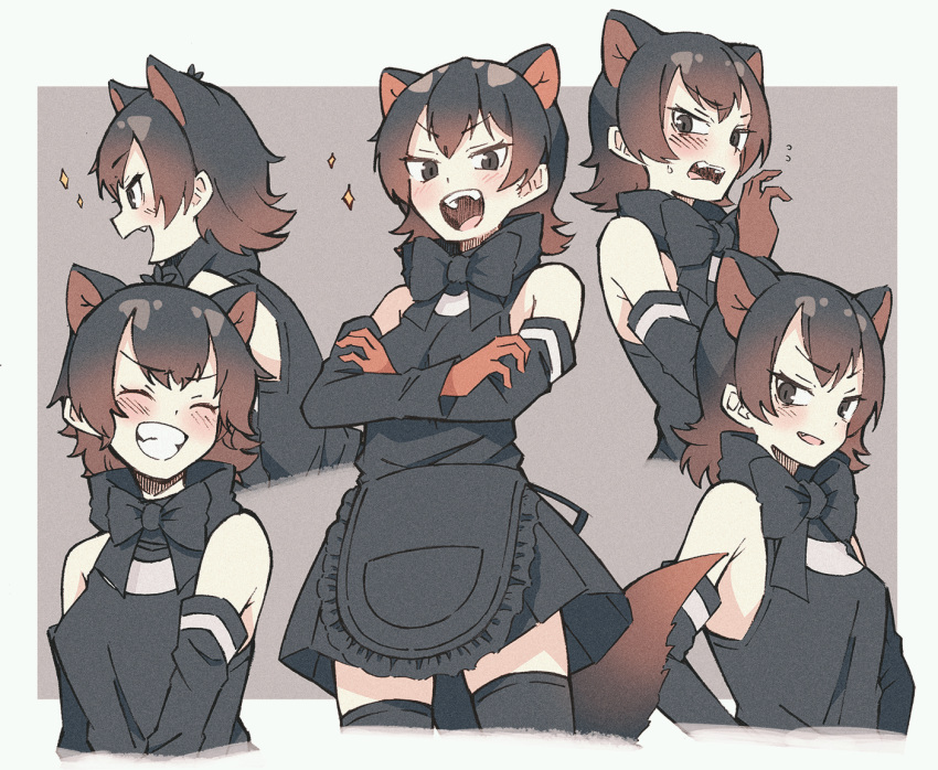 1girl apron black_apron black_dress black_hair black_legwear black_neckwear black_sleeves blush bow bowtie closed_eyes cowboy_shot detached_sleeves dress extra_ears fang kemono_friends kemono_friends_3 mujirushi_illust multiple_views open_eyes short_hair smile sparkle sweatdrop tasmanian_devil_(kemono_friends) tasmanian_devil_ears tasmanian_devil_tail thighhighs