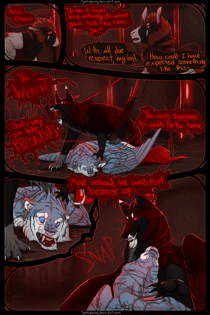 2018 2:3 4_toes comic detailed_background digital_media_(artwork) dragon english_text feathered_dragon feathered_wings feathers felid fur furred_dragon grey_body grey_feathers grey_fur hi_res hybrid mammal open_mouth pantherine red_eyes riviro_(soulsplosion) soulsplosion standing teeth text tiger toes tongue white_body white_feathers white_fur wings