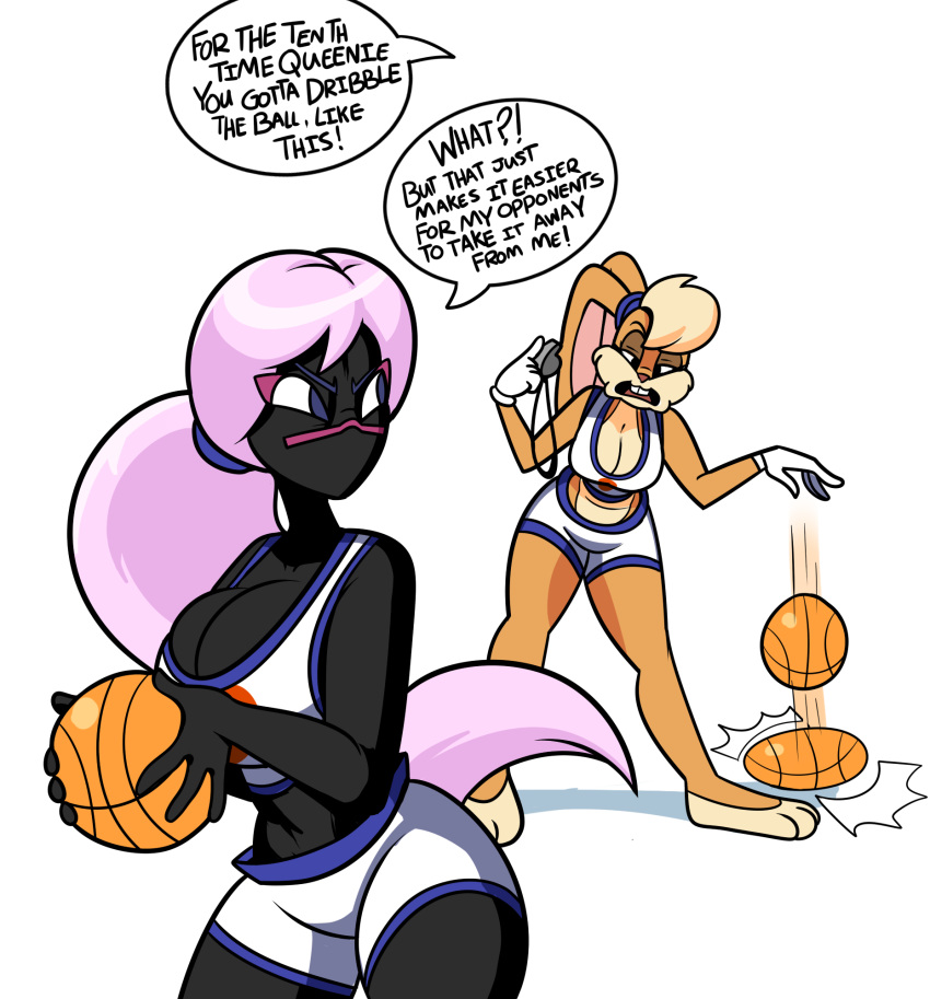 2019 alien alien_humanoid anthro basketball basketball_uniform big_breasts bottomwear breasts cleavage clothed clothing dialogue duck_dodgers duo english_text female fur hair hi_res humanoid lagomorph leporid lola_bunny looney_tunes mammal martian midriff pink_hair ponytail queen_tyr'ahnee rabbit shorts simple_background space_jam sportswear superspoe tan_body tan_fur text uniform warner_brothers white_background