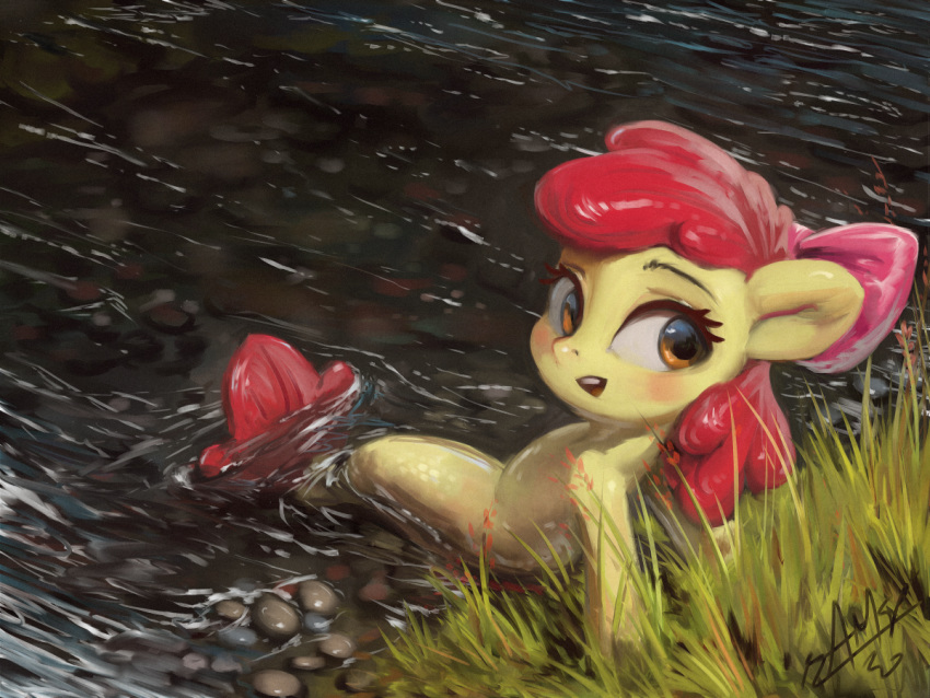 2020 4:3 accessory apple_bloom_(mlp) assasinmonkey blush digital_media_(artwork) digital_painting_(artwork) eyebrows eyelashes female fish friendship_is_magic grass hair_accessory hair_bow hair_ribbon marine my_little_pony open_mouth outside partially_submerged ribbons seahorse signature solo syngnathid syngnathiform water
